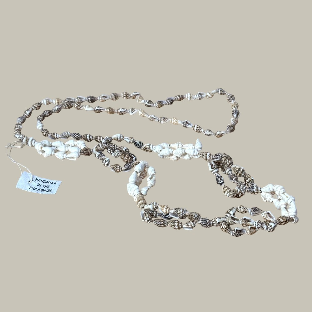 Handmade Philippines Natural Sea Shell Long Boho Necklace White Brown Coastal